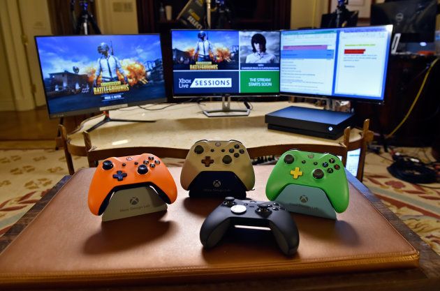 Microsoft Xbox One Elite Controller (2nd R) and Xbox Design Lab controllers are displayed during an Xbox Live Sessions with Chandler Riggs for PUBG on February 22, 2018 in Las Vegas, Nevada. (Photo by David Becker/Getty Images for Xbox Live)