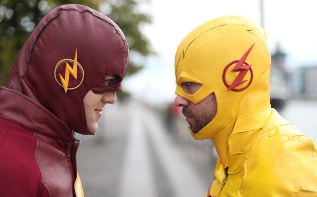 (left to right) Cairan O'Rielly as the Flash and Jay McKeown as the Reverse Flash, at the annual Comic Con at the Dublin Convention Centre.