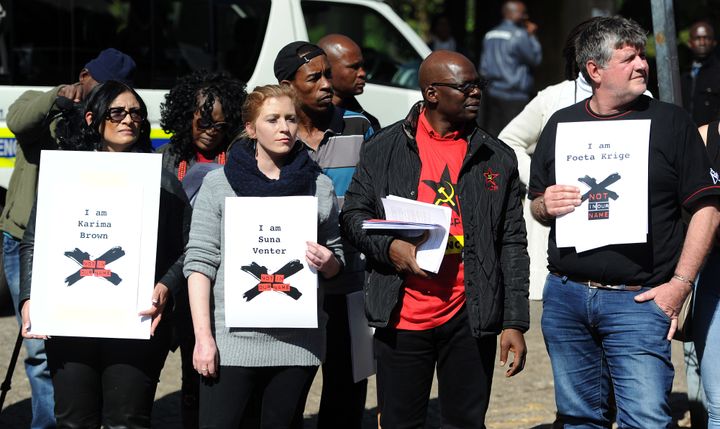 JOHANNESBURG, SOUTH AFRICA - JULY 06 Karima Brown, Suna Venter, Solly Mapaila and Foeta Krige during a protest organised by the SACP against SABC COO Hlaudi Motsoeneng outside the Auckland studios on July 06, 2016 in Johannesburg, South Africa. The SACP lashed out at Motsoeneng for using the 90% local quota to âdivide workers in the creative industries and to sow confusion among the publicâ. (Photo by Gallo Images / Beeld / Felix Dlangamandla)