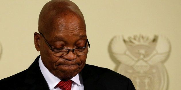 South Africa's former President Jacob Zuma looks down as he announces his resignation.