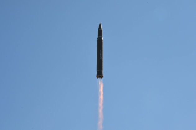 The intercontinental ballistic missile Hwasong-14 is seen during its test in this photo released by the North Korean government.