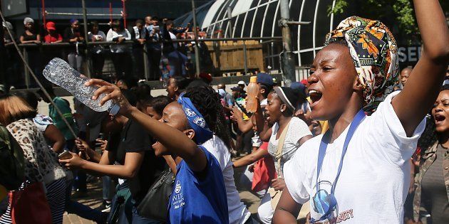 Wits University students march in Braamfontein during the #FeesMustFall protest on September 21 2016 in Johannesburg, South Africa.