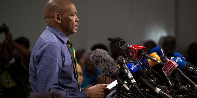 ANC secretary-general Ace Magashule and members of the ANC national executive committee address a media conference in Johannesburg, South Africa, February 13, 2018.