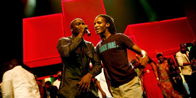 BrickZ (r) performing with Akon in Nairobi, Kenya, in October 2009.