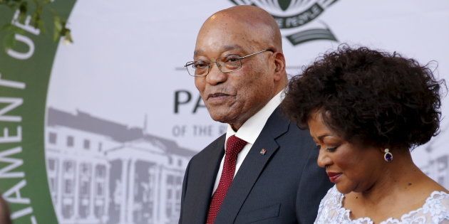 President Jacob Zuma arrives with Speaker of Parliament Baleka Mbete to give his State of the Nation address at the opening session of Parliament in Cape Town, February 11, 2016.