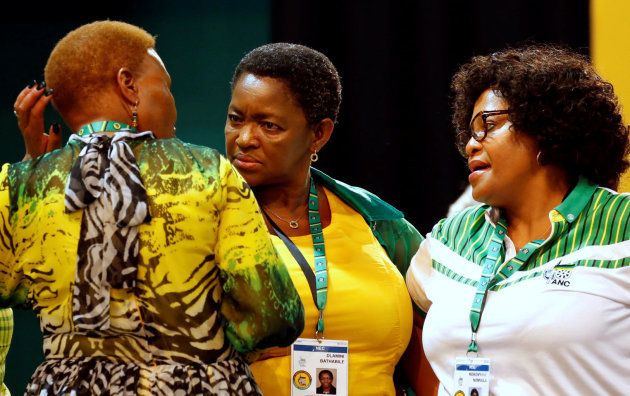 ANC members Bathabile Dlamini (C) reacts next to Nomvula Mokonyane (R) and Lindiwe Zulu as they wait for the election results during the 54th National Conference of the ruling African National Congress (ANC) at the Nasrec Expo Centre in Johannesburg, South Africa December 18, 2017. REUTERS/Siphiwe Sibeko