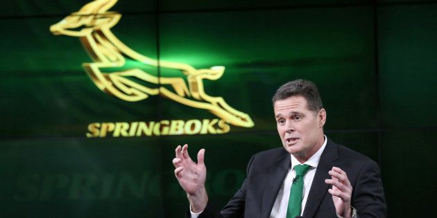 South Africa's rugby team new coach Rassie Erasmus gestures during a media briefing in Johannesburg, South Africa, March 1, 2018.