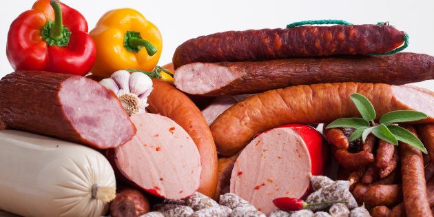 Assortment of cold meats, variety of processed cold meat products.