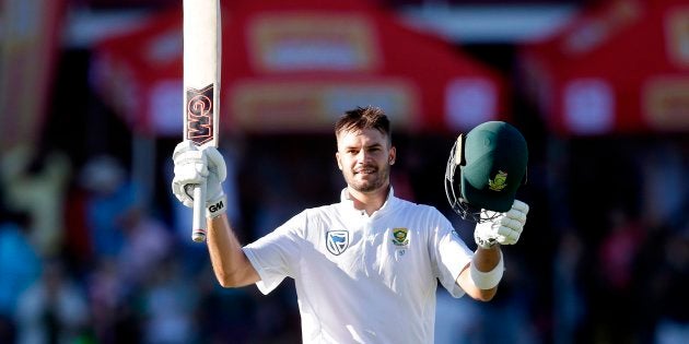 Aiden Markram acknowledges the crowd after scoring a century against Australia at Kingsmead in Durban on Sunday, March 4, 2018.