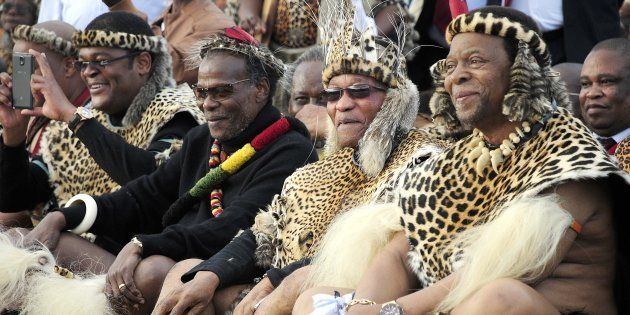 Winnie Prince Mangosuthu Buthelezi and President Jacob Zuma with Zulu King Goodwill during his wedding at Ondini Sports Complex on July 26, 2014, in Ulundi, South Africa.