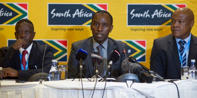 Mosebenzi Zwane, South African Minister of Mineral Resources, addresses the first day of the Mining Indaba 2016 Conference on February 8, 2016, at the Cape Town International Convention Centre in Cape Town.