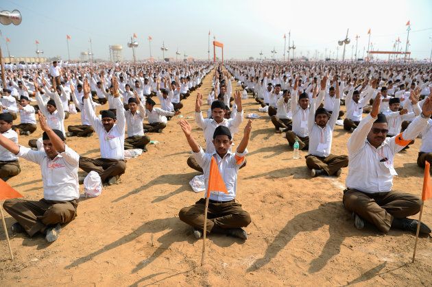 Indian volunteers of the right-wing Hindu nationalist group Rashtriya Swayamsevak Sangh (RSS) gather for a large-scale congregation in Meerut on February 25, 2018. Over 200,000 RSS volunteers from district groups in Uttarakhand and Uttar Pradesh states were set to attend the RSS's 'Rashtrodaya Sammelan' congregation in Meerut.