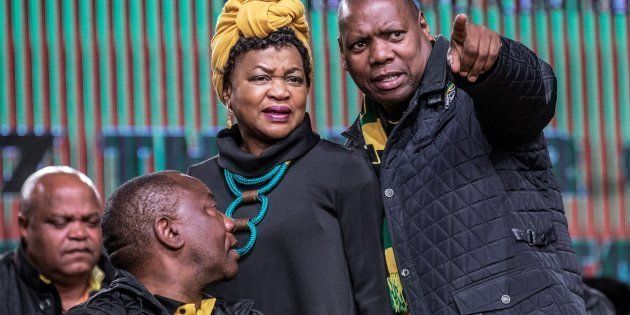 South African Parliament speaker Baleka Mbete (L) talks with African National Congress Treasury General Zweli Mkhize (R) at the opening session of the South African ruling party African National Congress policy conference on June 30, 2017 in Johannesburg, South Africa. / AFP PHOTO / GIANLUIGI GUERCIA (Photo credit should read GIANLUIGI GUERCIA/AFP/Getty Images)