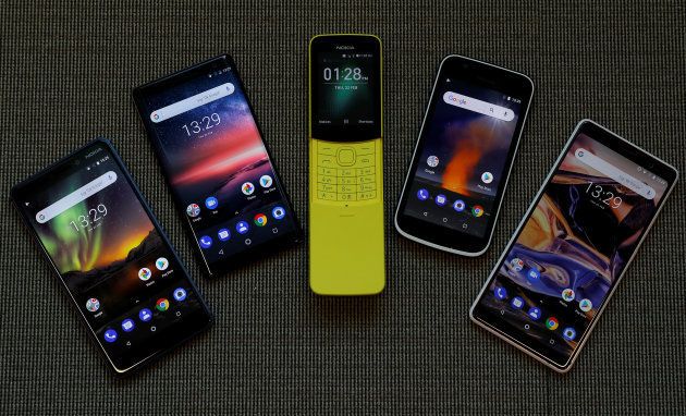 The New Nokia 6, Nokia 8 Sirocco, Nokia 8110, Nokia 1 and the Nokia 7 Plus are seen at a pre-launch event in London, U.K. February 22, 2018.