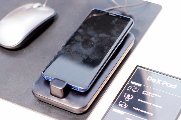 Samsung S9 charging in the new DeX Pad charger device, at Samsung pavilion, during the Mobile World Congress day 3, on February 28, 2018 in Barcelona, Spain.