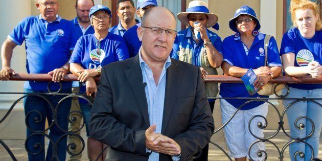 South African main opposition party Democratic Alliance mayoral candidate for Nelson Mandela Bay municipality, Athol Trollip, addresses supporters during a rally outside the Mayor's office on April 14, 2016 in Port Elizabeth.