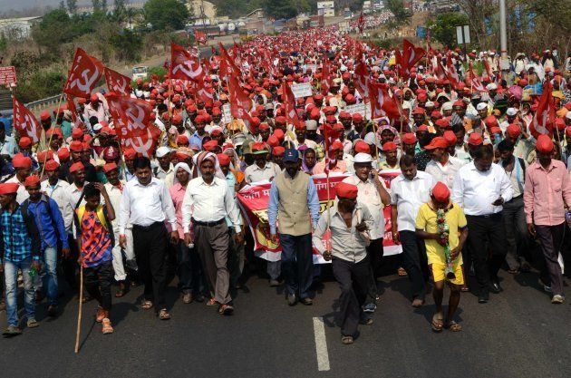 More than 25,000 farmers led-by All Indian Kisan Sabha (AIKS) continued their march from Nashik to Mumbai, protesting against Maharashtra government's anti-government policies, on March 9, 2018 in Mumbai, India.