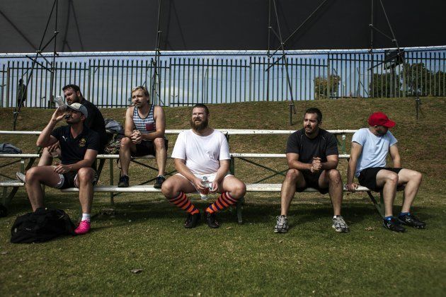 Members of the Jozi Cats rugby team taking a breather during a training session in Johannesburg. The Jozi Cats are Africa's first gay-and-inclusive rugby club and hope to represent South Africa in the Gay Rugby Championships one day. Homophobic slurs like 'Queen' and 'Pansy' were part of the Johannesburg-based club's shock-tactics marketing when it was launched.