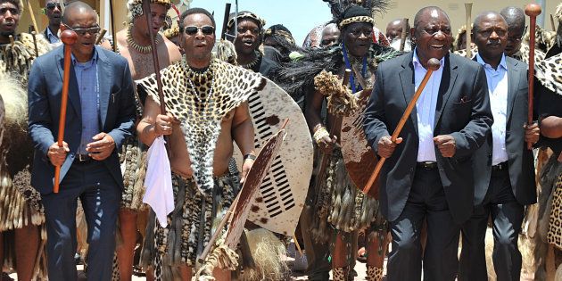 Zulu King Goodwill Zwelithini (second from left) teaching President Cyril Ramaphosa and fellow top six ANC members Gwede Mantashe, Ace Magashule, David Mabuza and Paul Mashatile the Zulu dance on January 7, 2018 in KwaZulu-Natal.