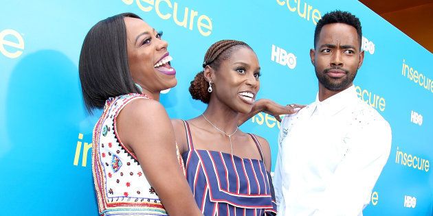 INGLEWOOD, CA - JULY 15: (L-R) Actors Yvonne Orji, executive producer and star Issa Rae and Jay Ellis attend a block party celebrating HBO's new season of 'Insecure' on July 15, 2017 in Inglewood, California. (Photo by Randy Shropshire/Getty Images for HBO)