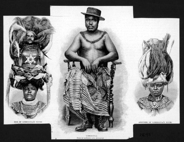 Three engravings show a portrait of King Lobengula (1833 - 1894) of the Matabele people, flanked by engravings of two of his wives, 1893. Photo by Mansell/The LIFE Picture Collection/Getty Images