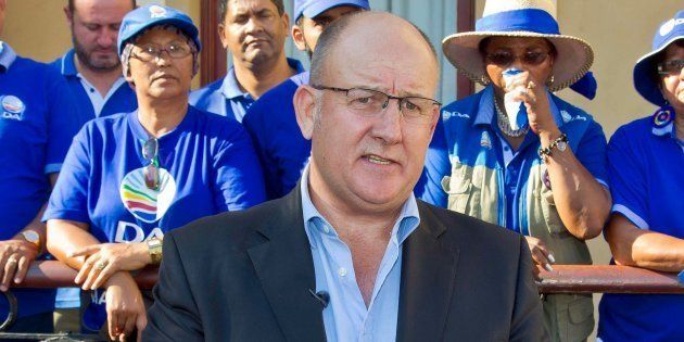 Now Nelson Mandela Bay mayor Athol Trollip addresses supporters during a rally outside the Mayor's office on April 14, 2016 in Port Elizabeth.
