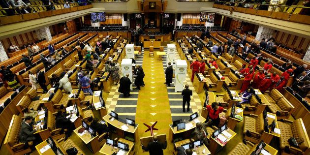 Voting stations are set up in the motion of no confidence against president Jacob Zuma in Parliament in Cape Town, on August 8.