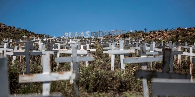 Crosses are planted on a hillside at the White Cross Monument, each one marking a white farmer who has been killed in a farm murder, on October 31, 2017 in Ysterberg, near Langebaan, South Africa.