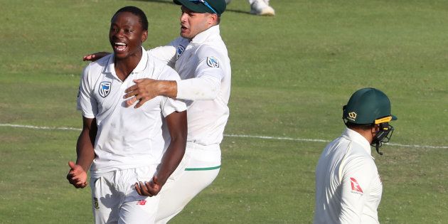 Kagiso Rabada celebrates after taking the wicket of Australia's Usman Khawaja.