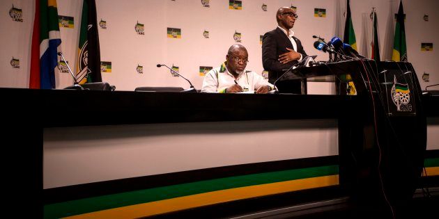 African National Congress spokesman Zizi Kodwa (R) speaks, as secretary general Gwede Mantashe looks on, during a press conference at the ANC headquarters in Johannesburg.Photo credit: GULSHAN KHAN/AFP/Getty Images