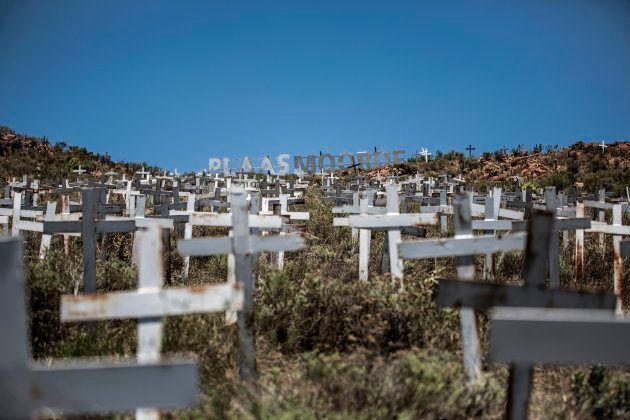 Crosses are planted on a hillside at the White Cross Monument, each one marking a white farmer who has been killed in a farm murder in Ysterberg, near Langebaan, South Africa.