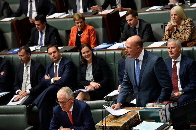 CANBERRA, AUSTRALIA - FEBRUARY 26: Peter Dutton, Minister for Home Affairs and Minister for Immigration and Border Protection speaks during Question Time at Parliament House on February 26, 2018 in Canberra, Australia.