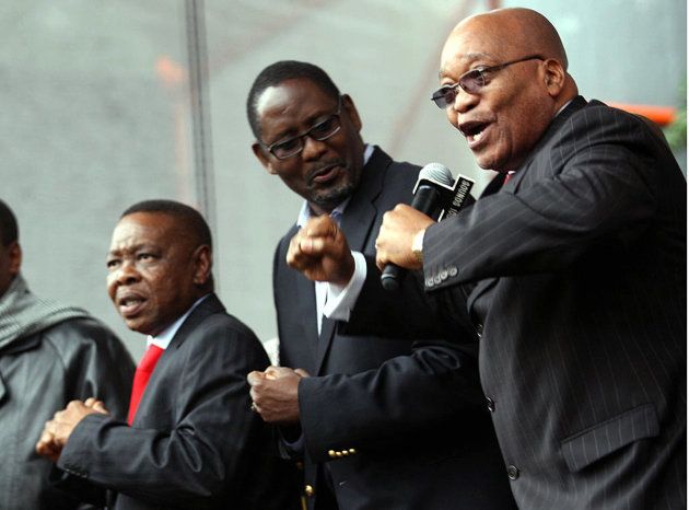 Brothers in arms: Blade Nzimande, SACP general secretary, Zwelinzima Vavi, then Cosatu's general secretary, and Jacob Zuma outside the High Court in Pietermaritzburg on September 12, 2008. They all contended that Zuma was wrongfully prosecuted.