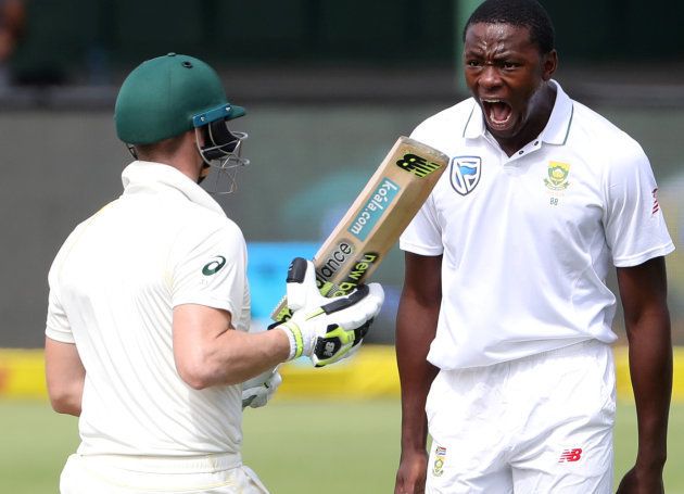 Kagiso Rabada celebrates taking the wicket of Australia's captain, Steve Smith, in the second SA vs Aus Test at St George's Park, seconds before the shoulder-brushing incident.