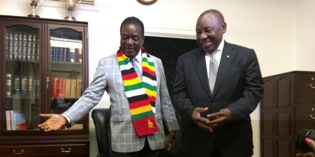 HARARE, ZIMBABWE - MARCH 17: Newly elected South African President Cyril Ramaphosa (R) meets with his Zimbabwean counterpart Emerson Mnangagwa (L) during his visit in Harare, Zimbabwe on March 17, 2018. (Photo by John Cassim/Anadolu Agency/Getty Images)