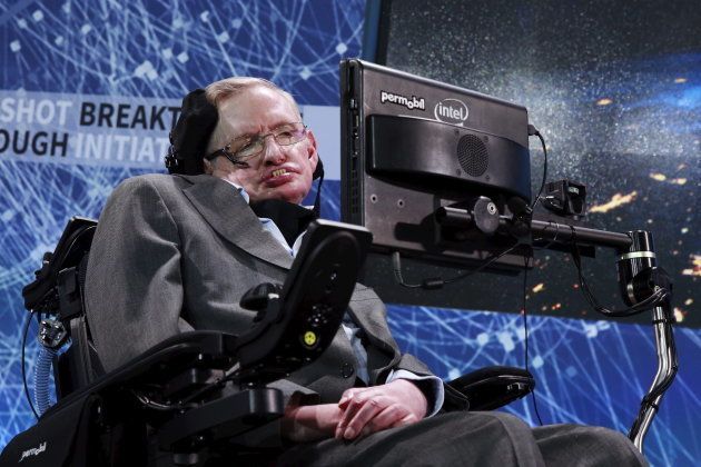 Physicist Stephen Hawking sits on stage during an announcement of the Breakthrough Starshot initiative with investor Yuri Milner in New York April 12, 2016. REUTERS/Lucas Jackson