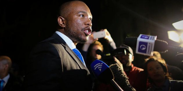 Mmusi Maimane, leader of the Democratic Alliance (DA) party, speaks after the motion of no confidence against South African president Jacob Zuma in parliament was defeated in Cape Town, South Africa, August 8, 2017. REUTERS/Sumaya Hisham