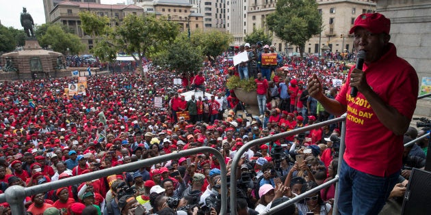 Economic Freedom Fighters supporters and other opposition activists gather in Pretoria, on April 12, 2017.