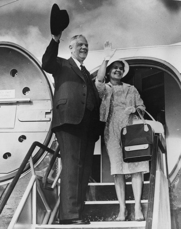 27th February 1961: South African Prime Minister Hendrik Verwoerd waving goodbye with his wife as they leave Cape Town for Pretoria on the first stage of their visit to Britain for the Commonwealth Prime Ministers' Conference in London.