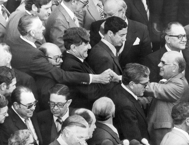 PW Botha Is congratulated by supporters after his appointment as Prime Minister of South Africa, October 1978.