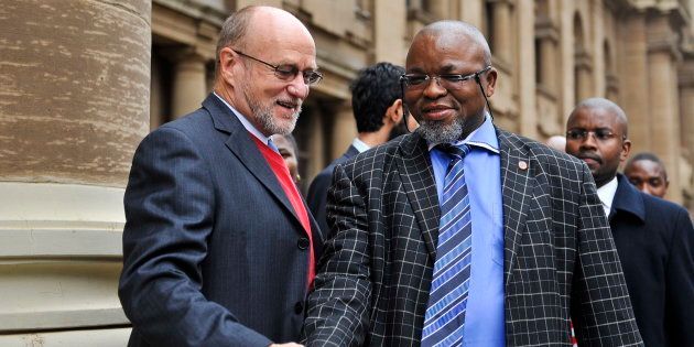 JOHANNESBURG, SOUTH AFRICA - APRIL 18: (SOUTH AFRICA OUT) Deputy Minister of Science and Technology Derek Hanekom and ANC Secretary General Gwede Mantashe outside the Johannesburg High Court on April 18, 2011 in Johannesburg, South Africa. NCYL President Julius Malema is appearing on charges of hate speech for singing the song 'Shoot The Boer' laid against him by Tshwane-based lobby group AfriForum. (Photo by Foto24/Gallo Images/Getty Images)