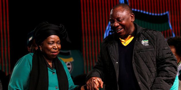 Former African Union chairperson Nkosazana Dlamini-Zuma chats with South Africa's deputy president Cyril Ramaphosa.