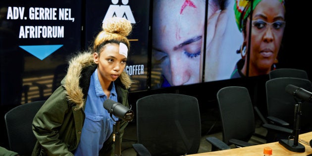 Gabriella Engels, who claims to have been assaulted by Grace Mugabe, arrives for a news conference in Pretoria, South Africa, August 17, 2017. REUTERS/Siphiwe Sibeko