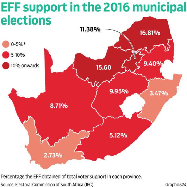 Percentage the EFF obtained of total voter support in each province.