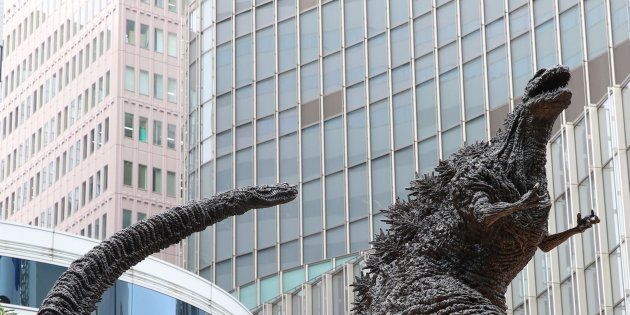 A Godzilla statue is unveiled at a shopping mall in Tokyo on March 22, 2018. Measuring 3 meters in height, it is the largest Godzilla statue in Japan. (Kyodo)==Kyodo(Photo by Kyodo News via Getty Images)