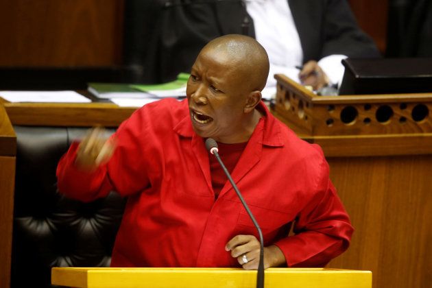 Opposition Economic Freedom Fighters (EFF) party leader Julius Malema speaks during the motion of no confidence against South African president Jacob Zuma in parliament in Cape Town, South Africa, August 8, 2017. REUTERS/Mark Wessels/Pool