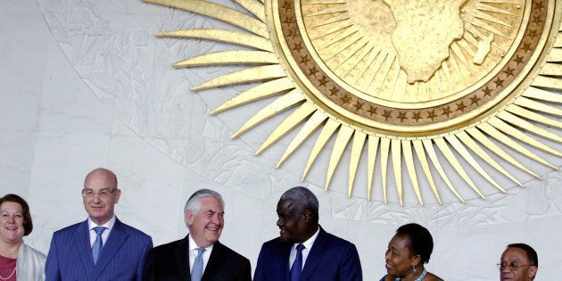 African Union Commission chair Moussa Faki (3rd from right) of Chad, and U.S. Secretary of State Rex Tillerson (3rd from left) with fellow diplomats after their meeting at A.U. headquarters in Addis Ababa, Ethiopia, on March 8 2018.