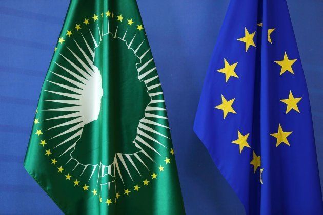 African Union Commission's flag and European Union's flag are seen as High Representative of the European Union for Foreign Affairs and Security Policy Federica Mogherini (not seen) and African Union Commission Chairperson Moussa Faki Mahamat (not seen) hold a meeting in Brussels, Belgium on May 23, 2018. (Photo by Dursun Aydemir/Anadolu Agency/Getty Images)