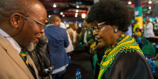 SOWETO, SOUTH AFRICA DECEMBER 20: (SOUTH AFRICA OUT): Winnie Madikizela Mandela with Gwede Mantahse during the 1st speech of Cyril Ramaphosa as the president of the ANC at 54th African National Congress (ANC) national conference at the Nasrec Expo Centre on December 20, 2017 in Soweto, South Africa. The national executive committee (NEC), consisting of 80 members was announced after Ramaphosa's speech. They play a crucial role in the partys decision making processes. (Photo by Alet Pretorius/Gallo Images/Getty Images)