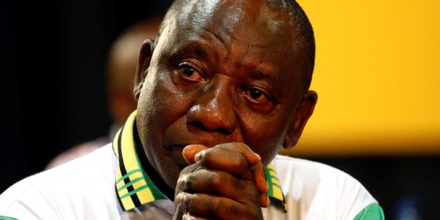 Deputy president of South Africa Cyril Ramaphosa reacts after he was elected president of the ANC during the 54th National Conference of the ruling African National Congress (ANC) at the Nasrec Expo Centre in Johannesburg, South Africa December 18, 2017. REUTERS/Siphiwe Sibeko